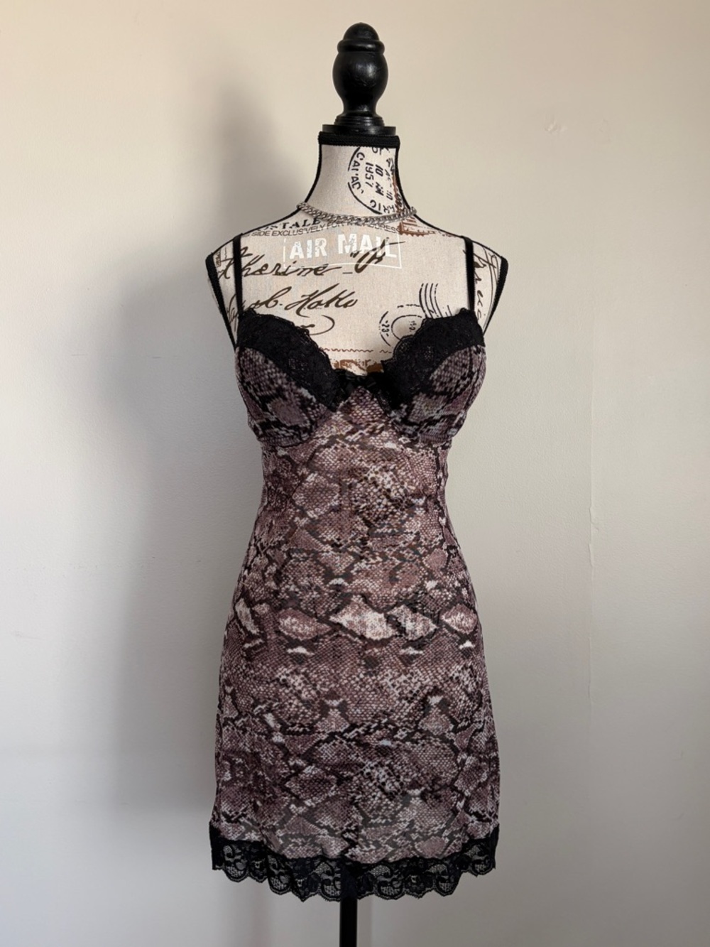 Y2K style kensie snake print bustier slip dress with lace trim